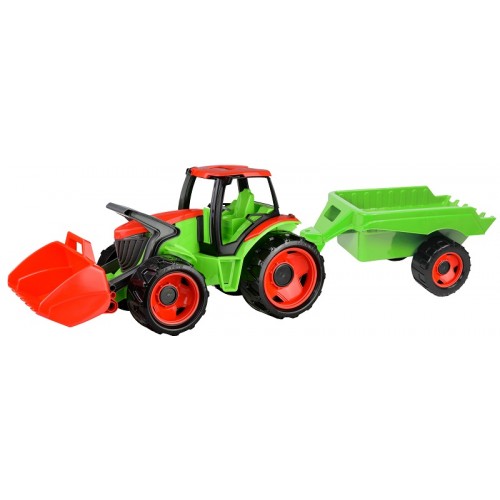 Traktor utánfutóval és homlokrakodóval, piros-zöld